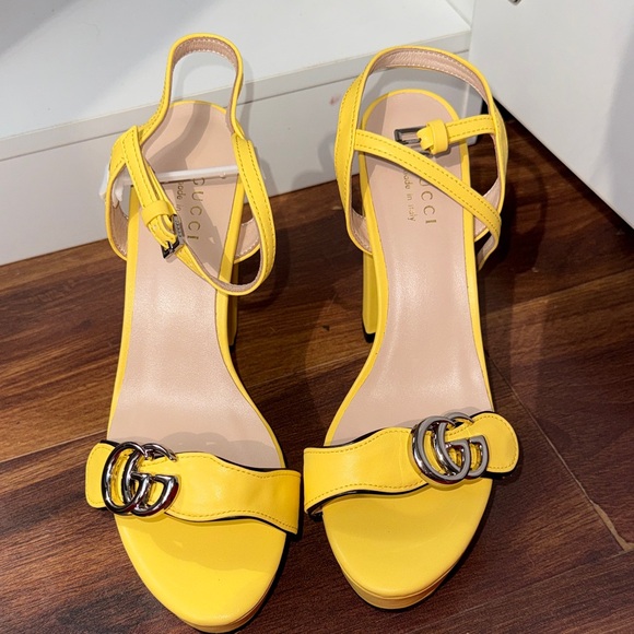 Yellow Block Heel Sandals with Silver Buckle Accent - Picture 1 of 5